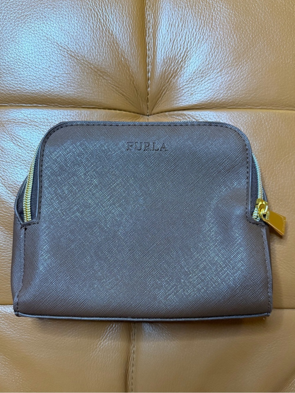 ✈️FURLA for Saudia Airlines Brown  Saffiano Leather Pouch w/ Gold Accents